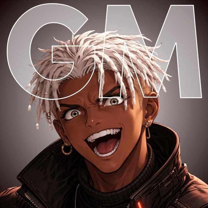 An animated-style illustration features an excited character with white dreadlocks, green eyes, gold earrings, and an open-mouthed smile, overlaid with large 'GM' text.