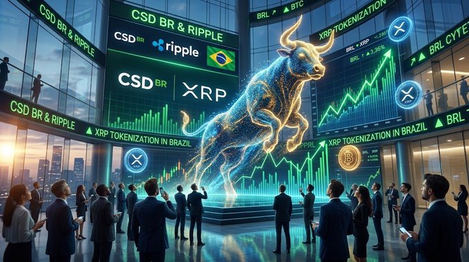 Futuristic trading floor scene with a glowing holographic bull and displays reading 'CSD BR & Ripple', 'XRP TOKENIZATION', and 'XRP' with Brazilian flag imagery and rising green charts.