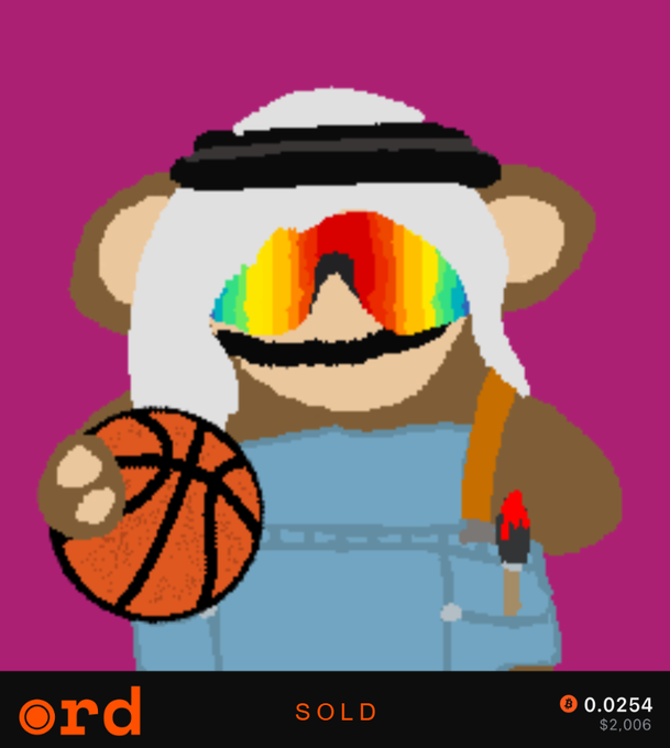 A pixel art illustration of a bear-like character wearing a white keffiyeh and rainbow ski goggles, holding a basketball and wearing denim overalls, displayed as a sold NFT for 0.0254 ETH ($2,006).
