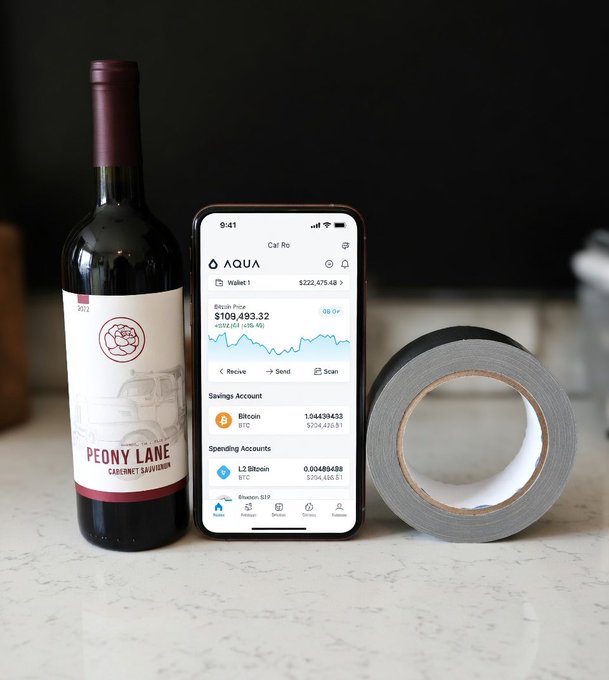The image features a bottle of wine with a smartphone displaying the balances of two accounts, one being @AquaBitcoin. The other account balance is $38,000.83. The phone also shows that there are 0 transactions made on this account during the past 24 hours. In addition to these details, the post mentions that people can enter their meme for the winner and includes an image of a bottle of wine and some tape in the bottom right corner.
