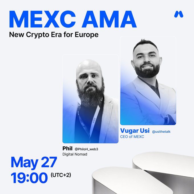 The image features two men standing next to each other against a white background with blue text. The text includes the names of the hosts, "Vugar Usta" and "Vaughar Usi", as well as the title "MEXC AMA New Crypto Era for Europe". The post also mentions an event happening on May 27th at 19:00 (UTC+2) with a giveaway.
