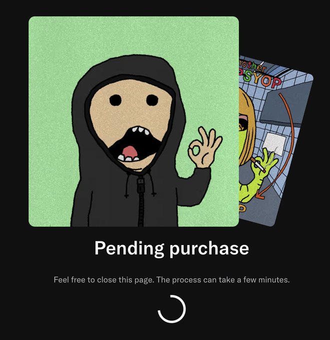 A digital payment screen displaying a 'Pending purchase' message with a loading spinner, featuring a cartoon character in a black hoodie making an OK gesture alongside another card partially visible behind it.