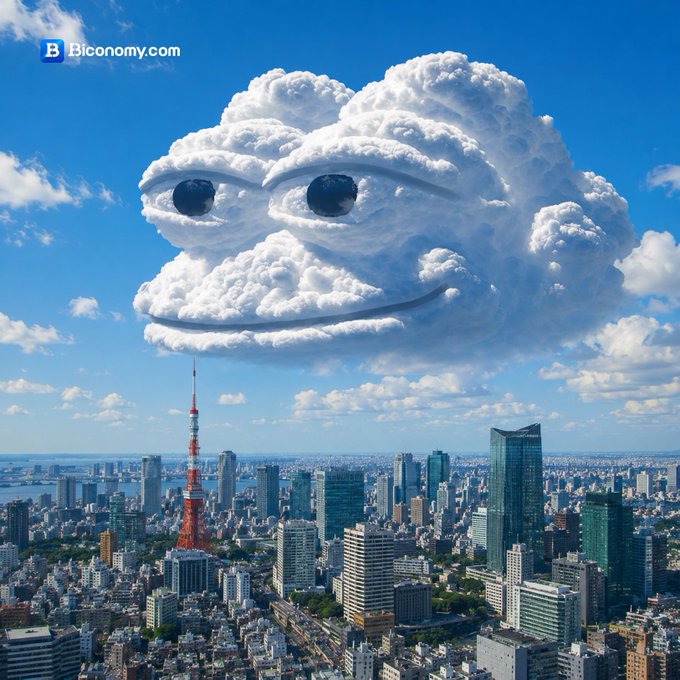 A massive smiling cloud-shaped face looms over Tokyo's skyline, featuring the Tokyo Tower and a "B Biconomy.com" watermark in the top-left corner. The cheerful cloud reflects the post's message about bullish market vibes persisting despite "cloudy" conditions, with the tagline playfully hinting that opportunities might be hidden overhead.