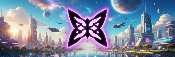 The image shows a large graphic that includes a butterfly logo surrounded by futuristic city buildings, planets, and skies. The cityscape suggests an alternative universe where anything is possible, and this idea may be connected to some of the content present on the post.