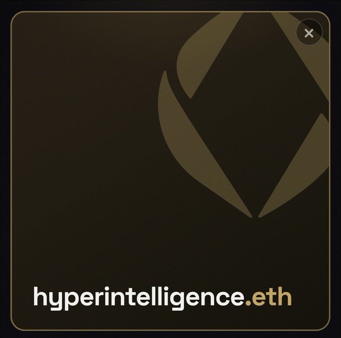 A dark square graphic with gold accents featuring a stylized logo and the text 'hyperintelligence.eth' at the bottom, with a close button (X) in the upper right corner.