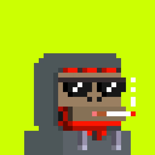 A pixel art character with long gray hair, sunglasses, and a cigarette on a bright green background.