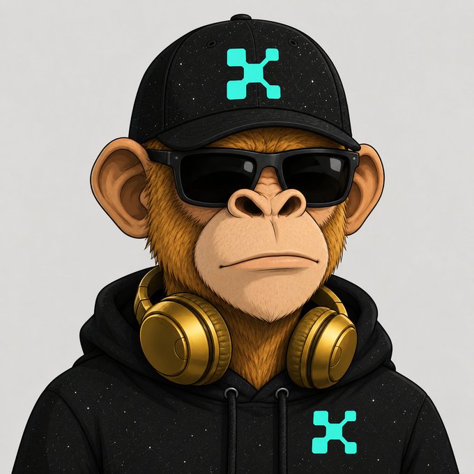 A digital illustration of a stylized monkey wearing a black cap, sunglasses, a black hoodie, and gold headphones, featuring a teal 'X' shaped logo on its hat and shirt.