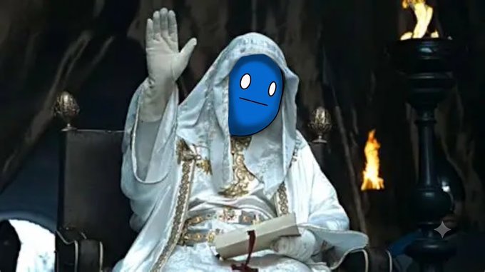 A figure in ornate white robes sits on a dark throne holding a book, with their face obscured by a blue cartoon smiley face overlay, set against a backdrop of flames.