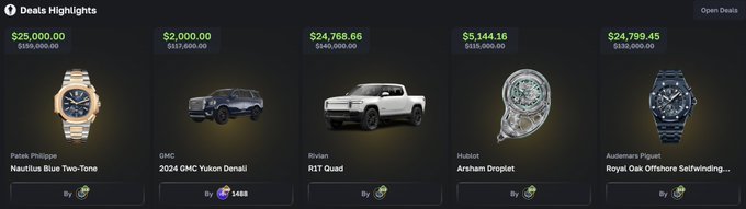 The image displays five luxury "Deals Highlights" from LuxDrop, featuring high-end items including a $25,000 Patek Philippe Nautilus Blue Two-Tone, a $157,800 2024 GMC Yukon Denali, a $146,000 Rivian R1T Quad, a $155,000 Hublot Arsham Droplet, and a $182,000 Audemars Piguet Royal Oak Offshore Selfwinding watch—collectively illustrating the massive value of premium watch and luxury vehicle deals that align with the post's claim of "$600,000 in deals all withdrawn instantly in the last week."
