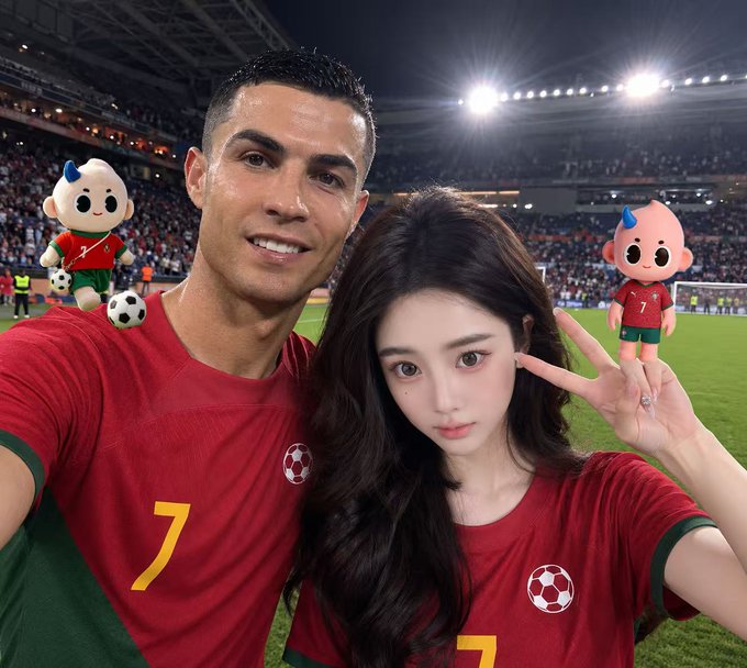 A selfie of Cristiano Ronaldo and a young woman in red Portugal #7 jerseys at a stadium, with cartoon mascots in the background.