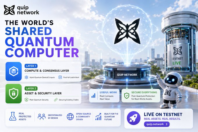 A promotional banner for "quip network" advertising "THE WORLD'S SHARED QUANTUM COMPUTER" with two layers: a "COMPUTE & CONSENSUS LAYER" and an "ASSET & SECURITY LAYER", currently "LIVE ON TESTNET".