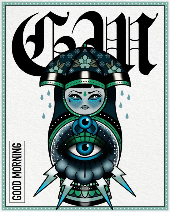 A gothic-style illustration featuring a woman in an ornate headdress with a large mystical eye on her chest, the word 'Saint' in large blackletter text above, and 'Good Morning' written vertically on the left.
