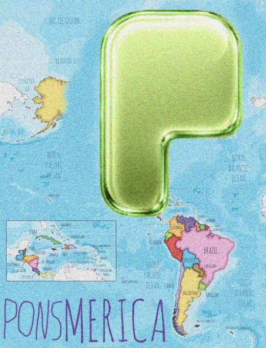 The image is a hand-drawn map titled "PONSMERICA," depicting an alternate world where North and South America are replaced by a large green popsicle shape, with smaller inset maps of Europe/Asia/Africa shown. The illustration creatively ties into the "$pons" cryptocurrency by visualizing a world "dominated" by the token, with the popsicle-shaped Americas symbolizing the meme coin's takeover.