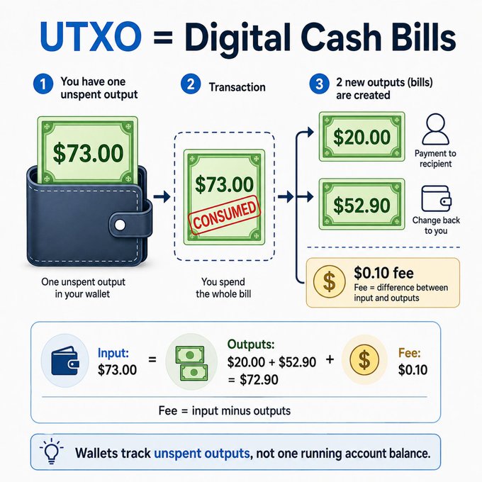 A wallet illustration explaining how UTXO (Unspent Transaction Output) works like digital cash bills, showing a $73.00 bill being consumed and split into a $20.00 payment, $52.90 change, and a $0.10 fee, illustrating that wallets track unspent outputs rather than a running balance.