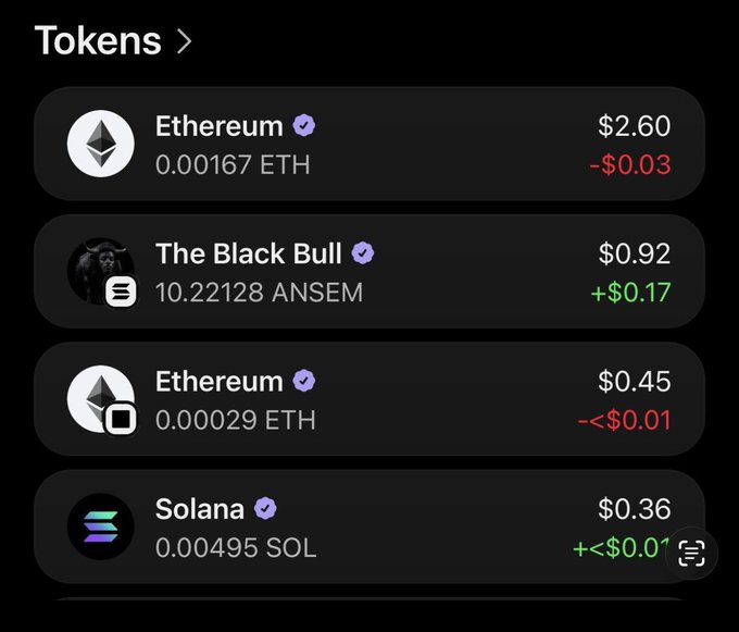 A 'Tokens' list on a dark background displaying holdings including Ethereum (0.00167 ETH at $2.60, down $0.03), The Black Bull (10.22128 ANSEM at $0.92, up $0.17), Ethereum (0.00029 ETH at $0.45, down under $0.01), and Solana (0.00495 SOL at $0.36, up under $0.01).