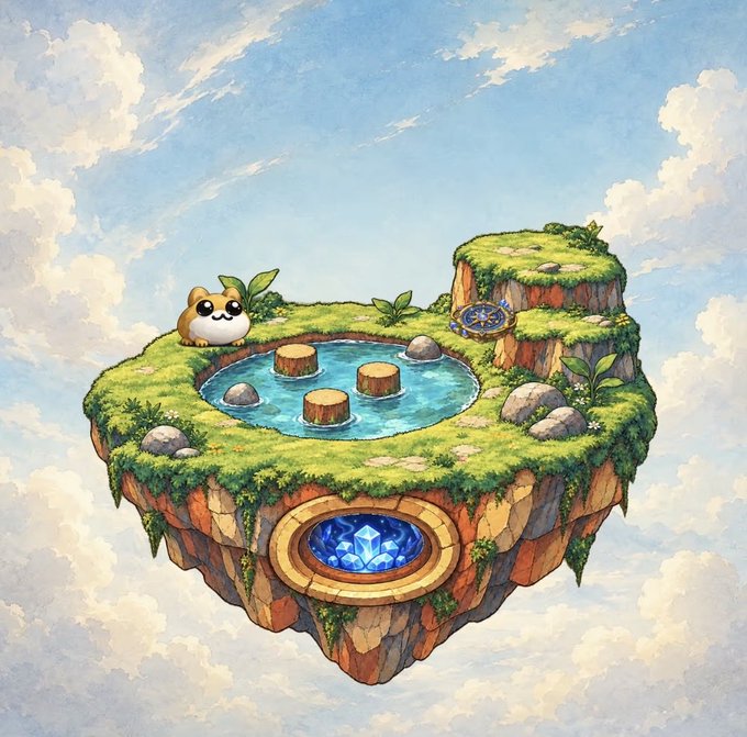 A pastel fantasy illustration shows a floating grassy island with a small pond, a cute mascot-like creature, a compass, rocks, vines, and a glowing blue crystal set into the island’s underside.