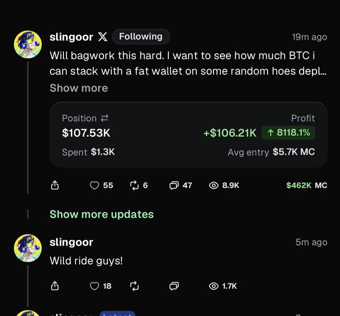 A social media post from "slingoor" (Following) showing a cryptocurrency position worth $107.53K (spent $1.3K) with a profit of +$106.21K (8118.1%) and a market cap of $462K MC, followed by a "Wild ride guys!" update — reflecting the volatile trading activity referenced in the accompanying comment about working to fix rewards with the PumpFun team.