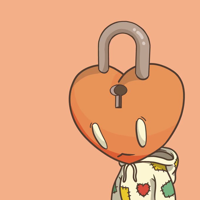 A cartoon character with a large orange padlock for a head, wearing a patched hoodie, against a peach background.