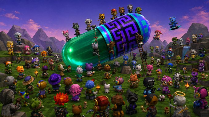 A vibrant 3D render of a large crowd of colorful chibi-style characters gathered around a giant glowing green and purple capsule in a fantasy landscape.