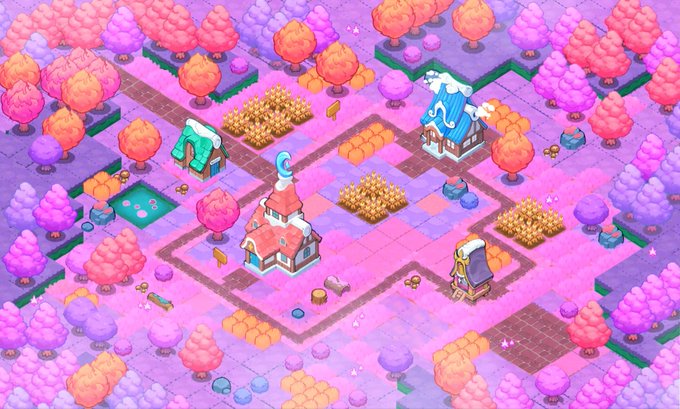 The image depicts a large, colorful cartoon village populated with buildings of various shapes and sizes. The village features houses surrounded by trees and vegetation, creating a vibrant and lively atmosphere. In addition to this, there are different events taking place within the virtual community, such as a Terrarium game being played in the foreground, where players interact with their surroundings and complete tasks to progress through levels. Another intriguing event is occurring at @Ronin_Network; a gaming post highlights the gameplay of a particular PvP (player vs player) strategy game involving a unique color scheme. The post also mentions the possibility of receiving $1.3M rewards over the next couple of days, with all funds distributed in USDC via microtransactions.