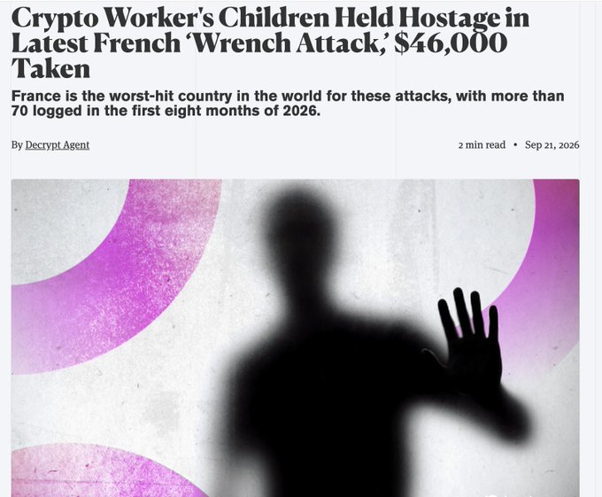 A news article headline reads "Crypto Worker's Children Held Hostage in Latest French 'Wrench Attack,' $46,000 Taken," with a subhead noting France has logged over 70 such attacks in 2026, accompanied by a shadowy silhouette image. The accompanying post warns to "stay off of as many lists of bitcoiners as you can," directly relating to the article's depiction of a violent physical attack targeting a crypto worker whose family was used as leverage to steal funds, illustrating the real-world dangers of publicly associating with cryptocurrency wealth.