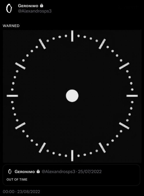 A minimalist black clock with no hands is displayed beneath the word "WARNED," with the second tweet dated 25/07/2022 reading "OUT OF TIME," creating an eerie visual representation of the post's warning about the Ripple Riddler's countdown.