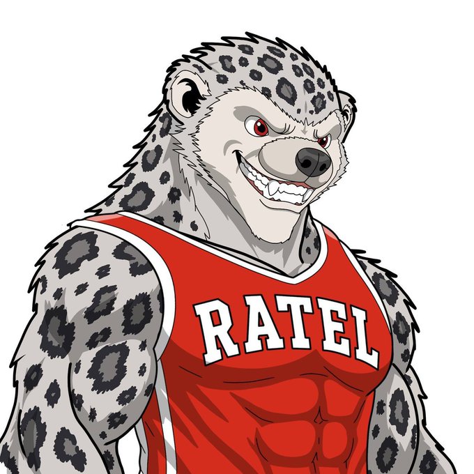 A cartoon illustration of a muscular leopard/honey badger hybrid character wearing a red tank top with the word 'RATEL' in white letters, grinning with bared teeth.