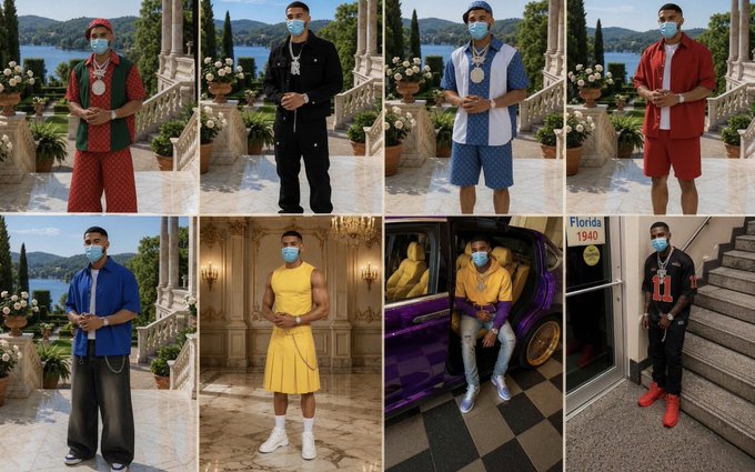 A grid of eight photos showing a man in various colorful outfits and masks posing in luxury settings, including mansions and next to a purple car, with text 'Florida 1940' visible.