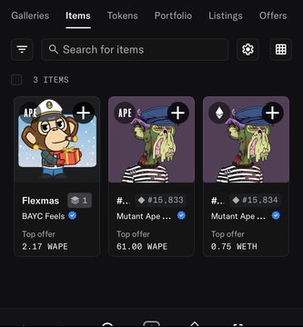 A dark-themed NFT marketplace interface displays three items: two "Mutant Ape" NFTs priced in WAPE and WETH, and one "BAYC Feels" NFT with a top offer of 2.17 WAPE.