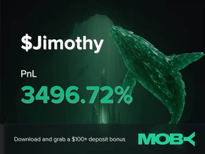The image is a promotional graphic featuring a green, crystalline whale illustration in an underwater cave scene, showcasing a trader profile "$Jimothy" with a PnL of 3496.72%, and a Moby banner offering a $100+ deposit bonus. It visualizes the win alert by highlighting the trader's massive +3496.72% gain on $Jimothy alongside Moby's branding.