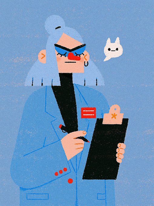 An illustrated character with blue hair, sunglasses, and a blue blazer holding a clipboard, with a small white cat-like figure floating beside them.
