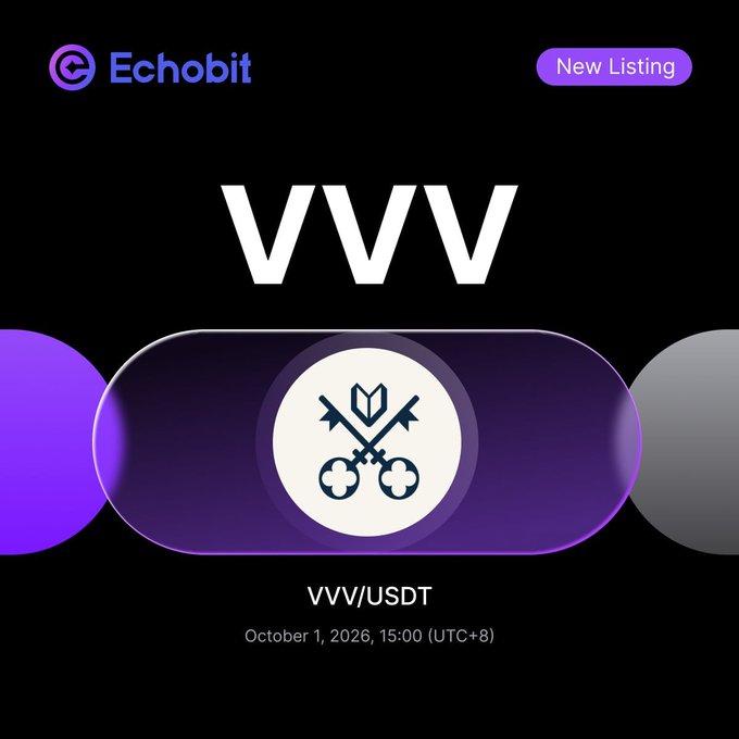 An Echobit exchange new listing announcement for the VVV token paired with USDT, scheduled for October 1, 2026 at 15:00 (UTC+8).