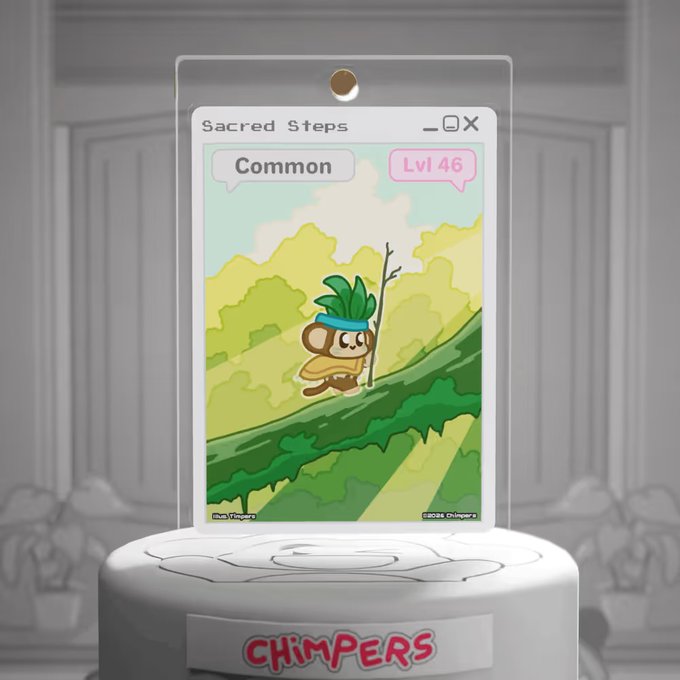 A Chimpers NFT card titled 'Sacred Steps' displaying a Common tier chimp character at Level 46 holding a staff in a grassy landscape.