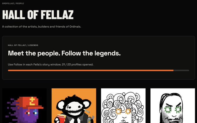 A webpage titled 'HALL OF FELLAZ' from ORDFELLAZ/PEOPLE invites users to 'Meet the people. Follow the legends,' showing a progress bar at 21/23 profiles opened and four pixel-art character thumbnails below.
