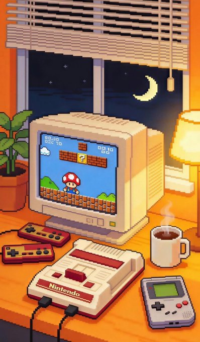 Pixel art of a nostalgic retro gaming setup featuring a CRT monitor displaying Super Mario, a Nintendo console, controllers, a Game Boy, coffee, and a night sky window.