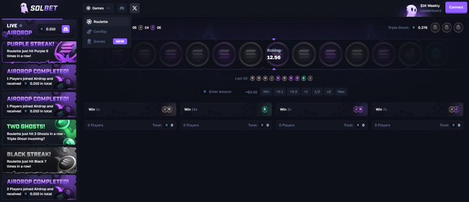 The image shows the Solbet platform homepage with a roulette game featuring a "Triple Ghost" rating of 12.96 at the top, and a live chat sidebar on the left displaying various user messages including "AIRDROP," "PURPLE STREAK," "TWO GHOSTS," and "BLACK STREAK" notifications. This appears to be an introduction to Solbet's new user experience, showcasing the gaming interface and community features that a newcomer would see when joining the platform.
