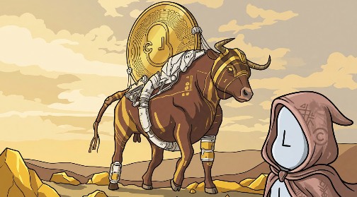A cartoon scene depicts a large brown bull with a golden coin for a head, decorated with white patterns, standing in a desert landscape next to a small hooded figure.