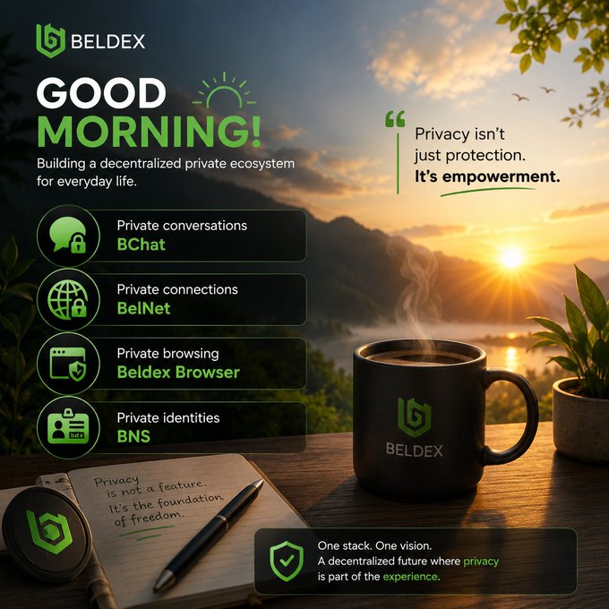 This Beldex promotional image, titled "GOOD MORNING!", showcases a "decentralized private ecosystem" for everyday life, listing key features such as BChat, BelNet, Beldex Browser, and BNS, while displaying the slogan "Privacy isn't just protection. It's empowerment," which aligns with the accompanying text describing the utility of their privacy stack.