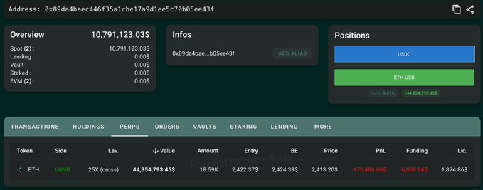 A cryptocurrency portfolio dashboard showing an address overview with a total balance of 10,791,123.03$, positions including USDC and ETH/USD, and a perpetual trading tab showing a long ETH position with significant PnL losses.