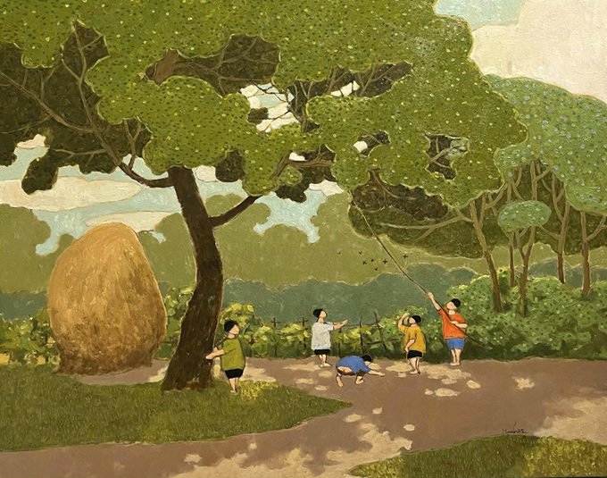 The image shows children playing under a large tree, with one using a stick to reach up into the branches while others gather around, alongside a large haystack in a pastoral setting.

This image has no direct connection to the accompanying post about @CNPYNetwork's blockchain tooling. The peaceful scene of children playing outdoors seems to contrast with the technical frustrations described in the text, possibly evoking a sense of nostalgia or simpler times—perhaps illustrating the "burned weekends" the author mentions, now redirected toward advocating for streamlined Web3 infrastructure.