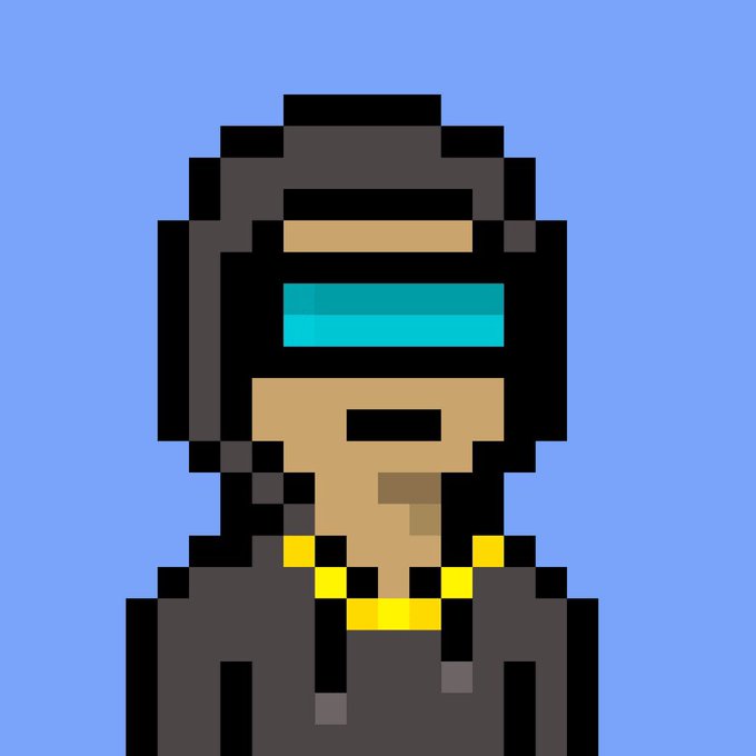 A pixel art character wearing a black hood, a teal visor, and a gold chain against a blue background.