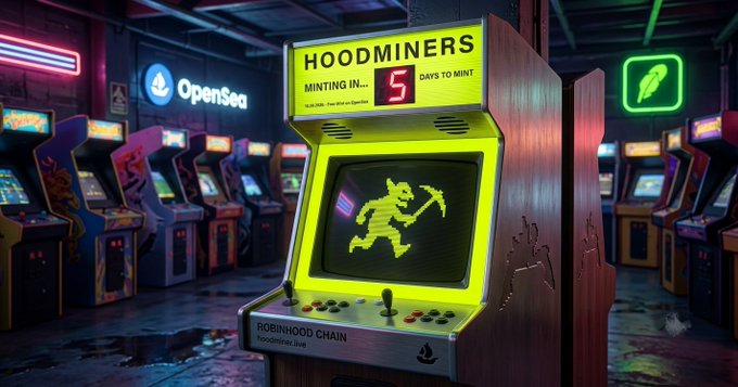 An arcade machine labeled "HOODMINERS" with a 5-day countdown timer displays a pixelated character mining, set against a background of other arcade cabinets including one branded "OpenSea."