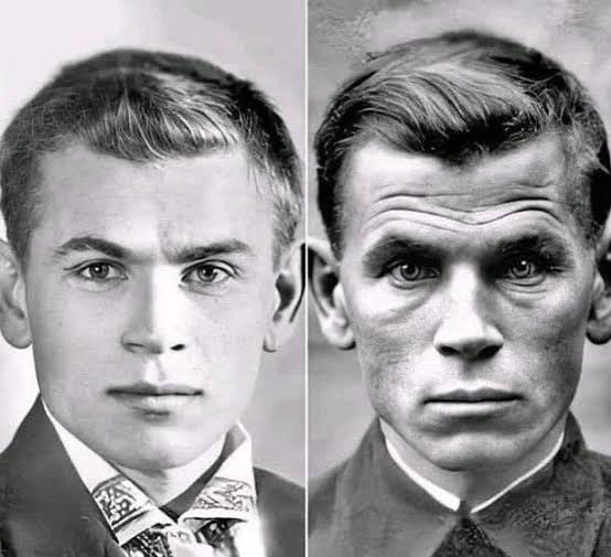 The image shows two black-and-white portraits side by side, depicting the same man at different stages of his life. The left portrait appears to show him as a young man with a softer, fuller face, while the right portrait shows him appearing older and gaunt, with sharper facial features and a more angular, weathered look. The contrast between the two images visually illustrates the dramatic physical and apparent mental deterioration suggested by the caption "Anthropic employee before and after AI psychosis."