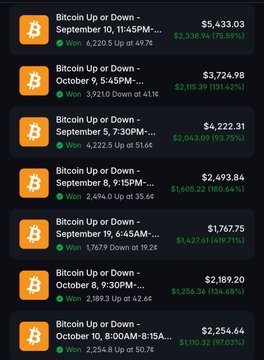 A mobile app interface shows multiple "Bitcoin Up or Down" prediction contracts with various price points, percentages, and time frames, each showing a Won status with different payout values.