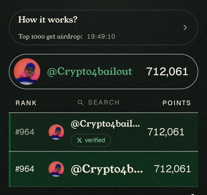 The image shows a campaign leaderboard where **@Crypto4bailout** is ranked **#964** with **712,061 points**, alongside a “Top 1000 get airdrop” countdown at **19:49:10**. It highlights the points gained through the **@commonsmade** campaign, reflecting the author’s appreciation for supporters who vouched for them.