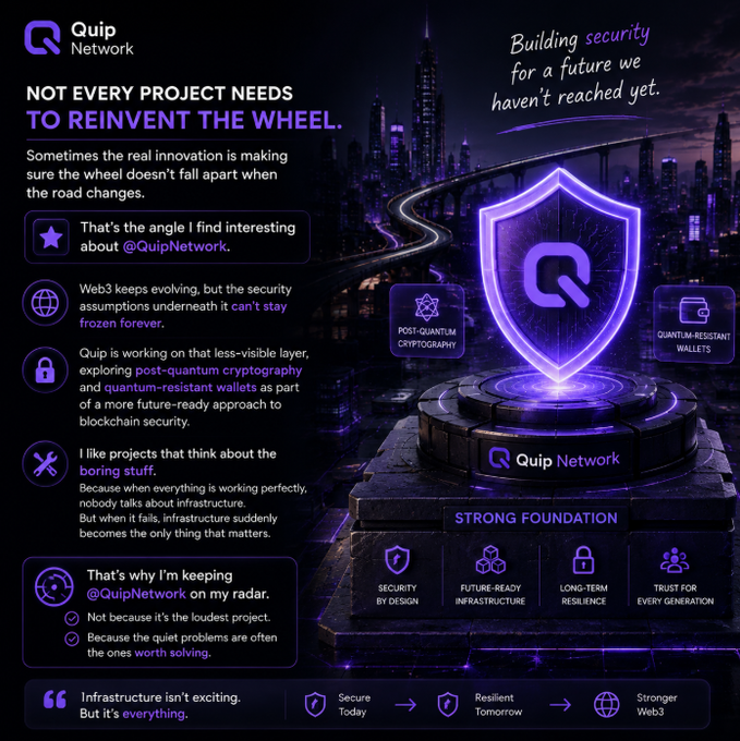 A dark-themed promotional graphic for 'Quip Network' discussing infrastructure and security for Web3, featuring a glowing purple shield logo and highlights of post-quantum cryptography and quantum-resistant wallets.