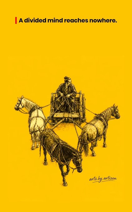 A motivational poster on a yellow background with the quote 'A divided mind reaches nowhere.' above an illustration of a man driving four horses in different directions, signed 'arts.by.artizen'.