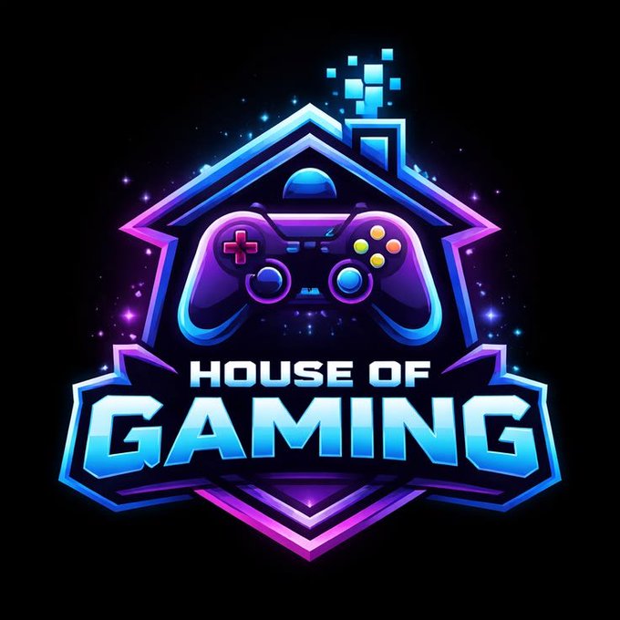 A neon-style gaming logo featuring a game controller inside a shield with the text 'HOUSE OF GAMING'.