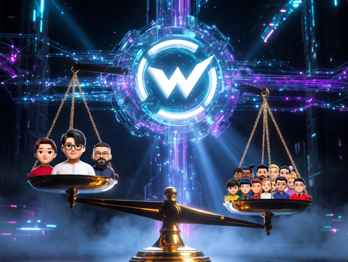 The image features a cartoon illustration of a balance beam with two gold weights on either side. The weights are being used as a metaphor for a social media platform called "Wallchain", which has been the subject of discussion among users. The people depicted in the image represent the users of Wallchain, and they appear to be engaged in a conversation about the platform's features or quality. The post also discusses how the platform balances quality and scale, with an emphasis on X score as a key factor for determining the best content creators.