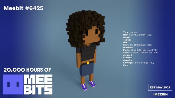 Meebit #6425, a Human-type voxel character from the 20,000 Hours of Meebits collection (EST May 2021), is depicted wearing a black t-shirt, denim skirt, dark curly hair, a beard, gold earrings, and rare purple Skater sneakers (only 159 in existence). The image showcases the NFT's blocky, pixelated design alongside its detailed trait breakdown on a blue background.